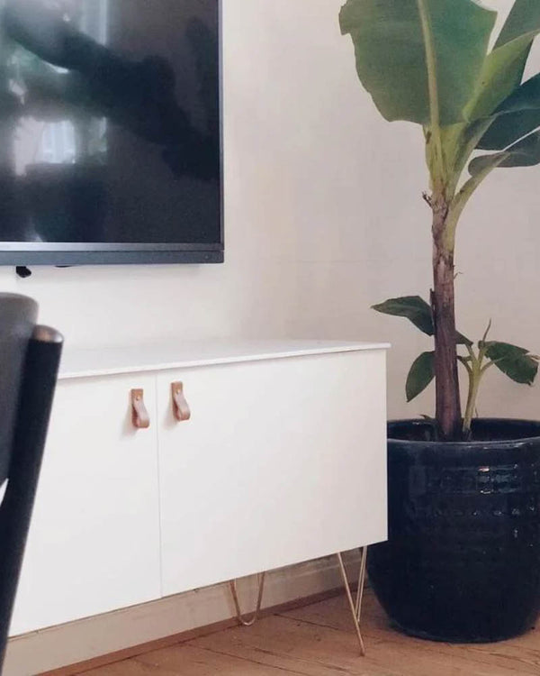 LOOP handtag i cognac läder på vitt tv-skåp med hårnålsben vid stor grön växt