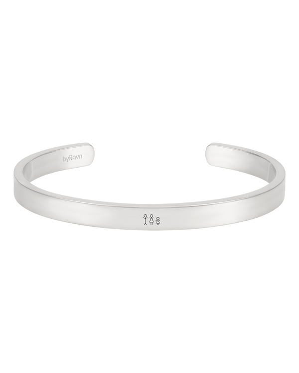 MARS STICK armband från byRavn i silverfärgat rostfritt stål, öppen armring med graverad tändsticksfamilj