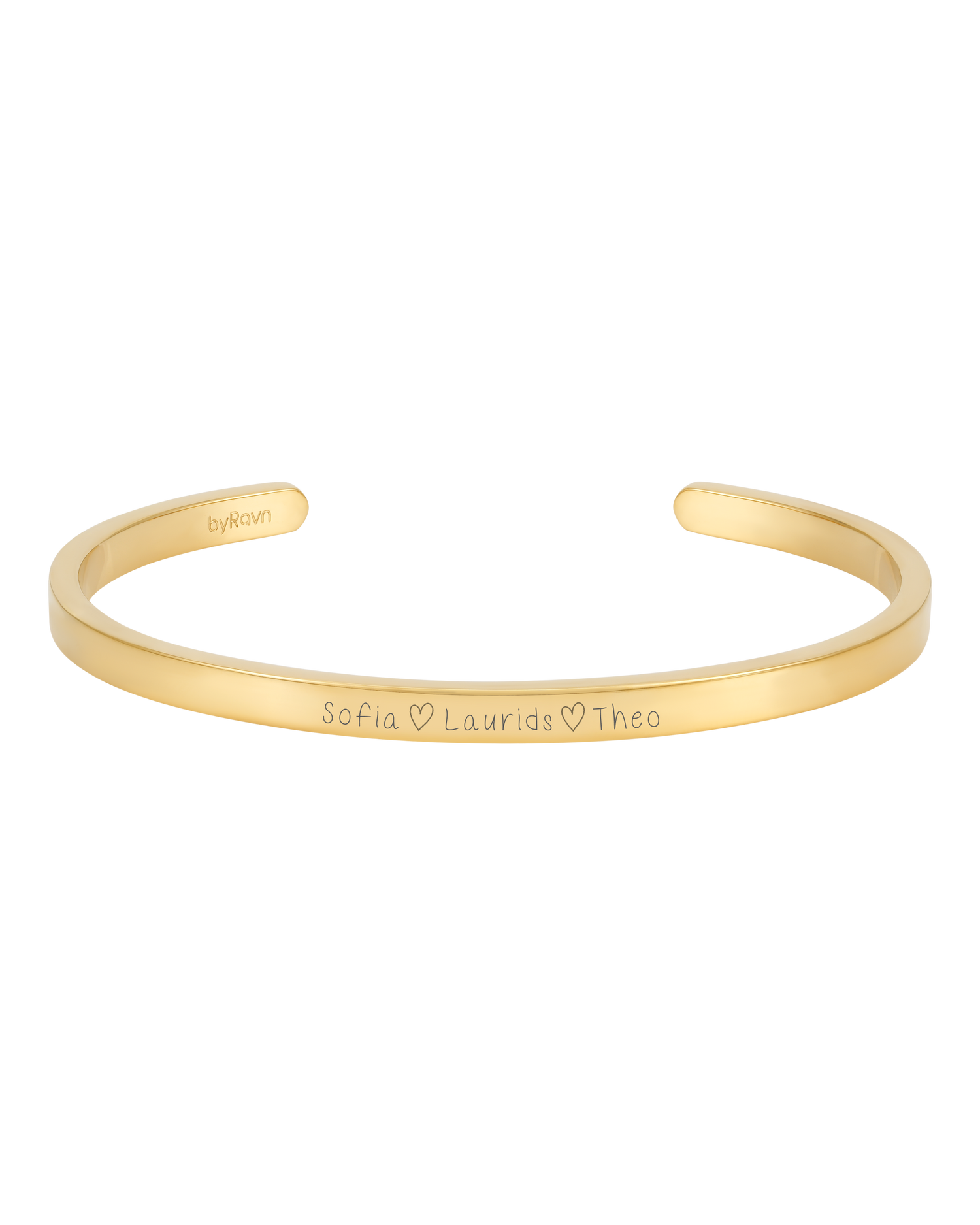 Personlige armbånd fra byRavn – VENUS armbånd i guldbelagt stål med håndskrift-gravering "Sofia ♡ Laurids ♡ Theo"