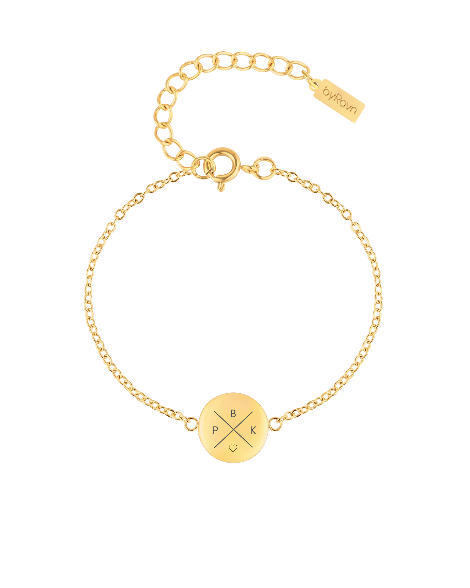 IBI X armband från byRavn i guldpläterat stål, rund bricka med kryss och initialerna "B", "P", "K" och hjärta graverade