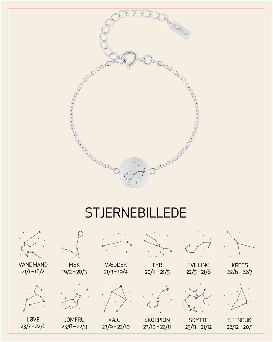IBI STAR armband i silverfärgat rostfritt stål med graverad stjärnbild, visat med översikt över alla 12 stjärnbilder