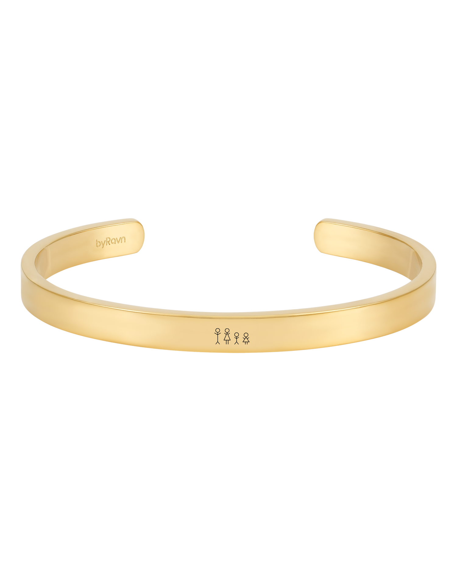 MARS STICK armband från byRavn i guldpläterat stål, bred öppen armring med graverad tändsticksfamilj på fyra