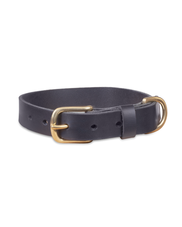 PAW25 hundhalsband från byRavn i svart läder, bred modell med spänne och D-ring i massiv mässing