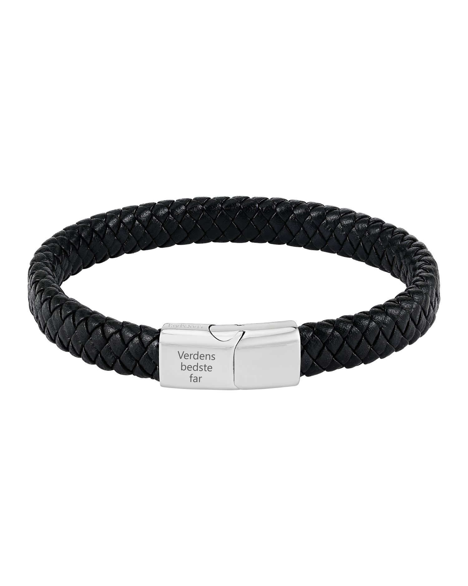 RAY läderarmband från byRavn i svart flätat läder med magnetlås i stål och gravyren "Verdens bedste far"