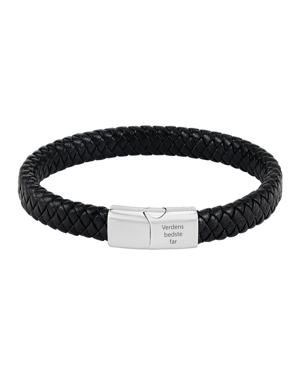 RAY læderarmbånd fra byRavn i sort flettet læder med magnetlås i stål og graveringen "Verdens bedste far"