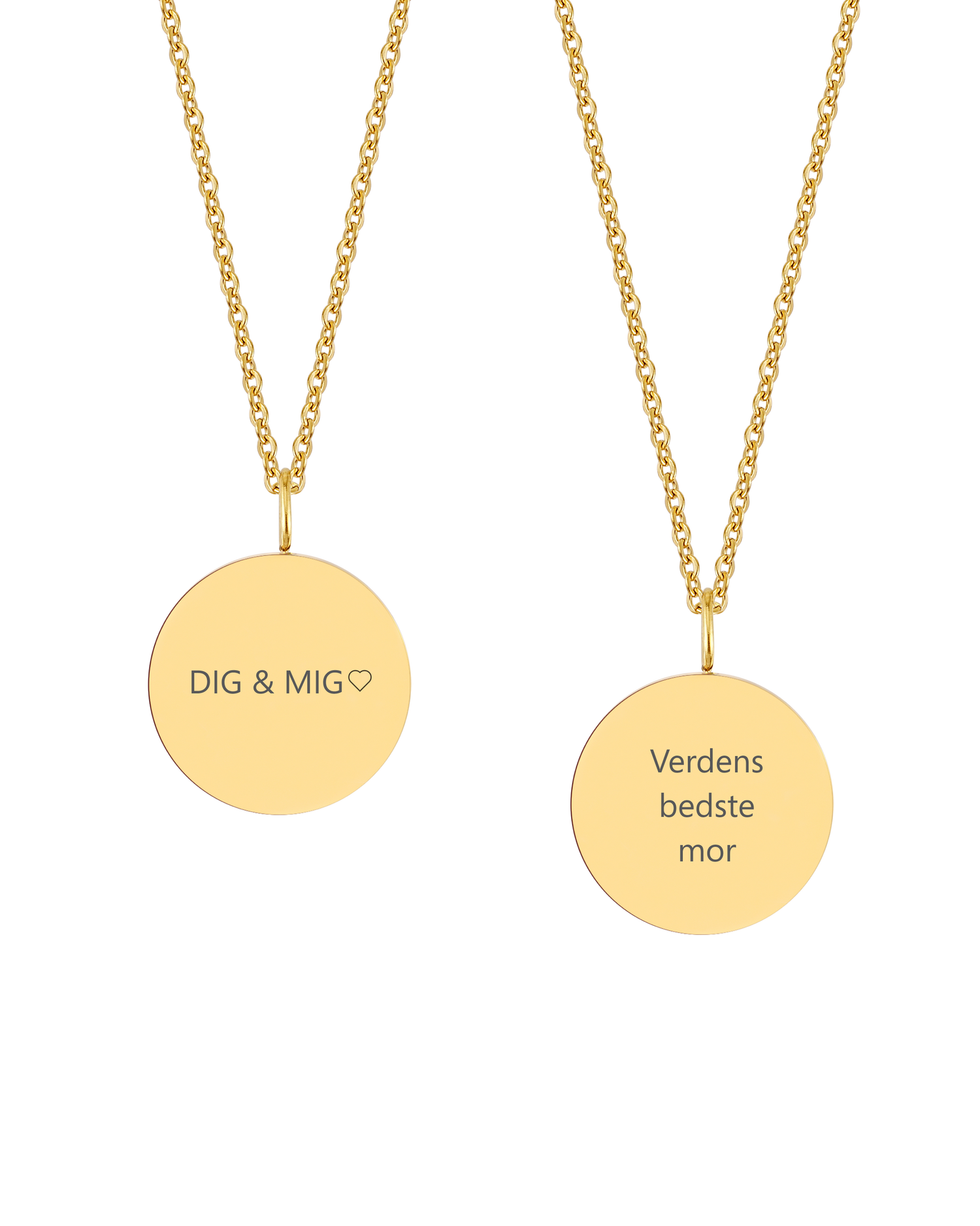 SIA QUOTE halsband från byRavn i guldpläterat stål, två runda hängen med gravyrerna "Dig & mig" ♡ och "Verdens bedste mor"