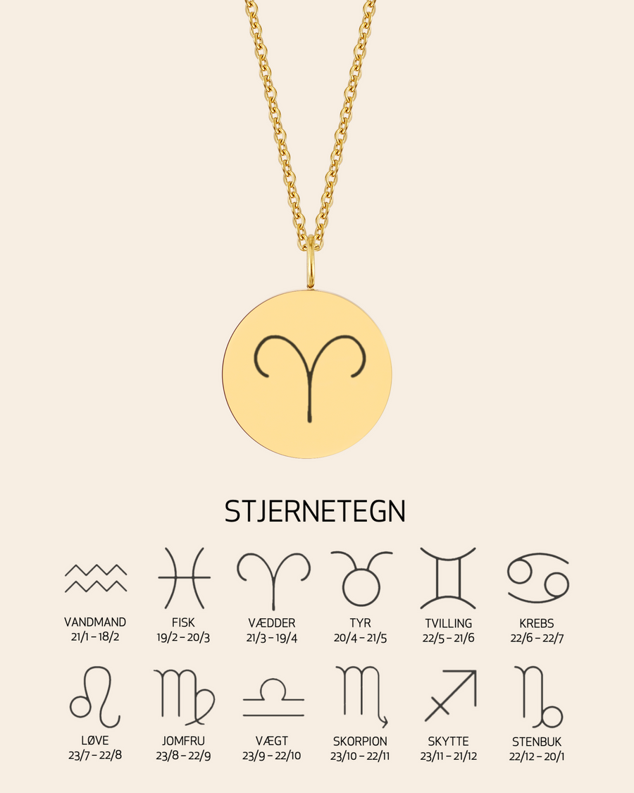 SIA STAR halsband i guldpläterat stål med stjärntecknet Väduren graverat, med översikt över alla 12 stjärntecken och datum