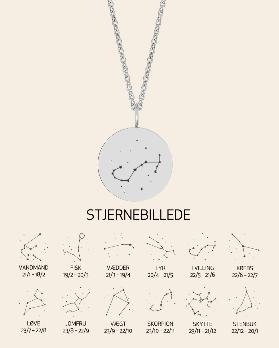 SIA STAR halsband i silverfärgat rostfritt stål med stjärnbilden Skorpionen graverad, med översikt över alla 12 stjärnbilder