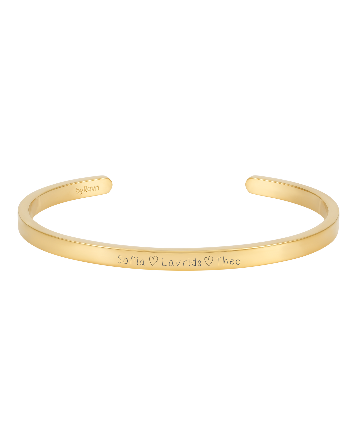 VENUS SCRIPT armband från byRavn i guldpläterat stål med handskriven gravyr "Sofia ♡ Laurids ♡ Theo"