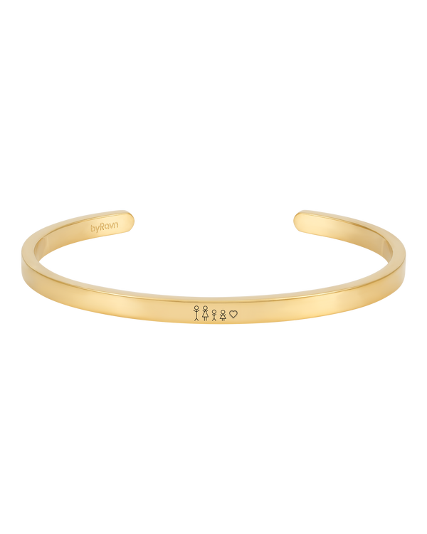 VENUS STICK armband från byRavn i guldpläterat stål, öppen armring graverad med tändsticksfamilj och hjärta