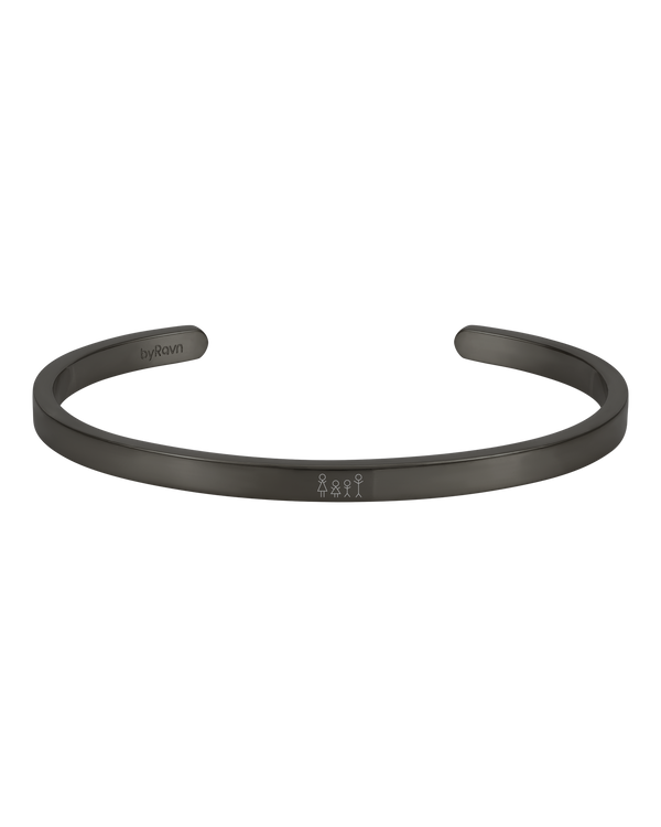 VENUS STICK armband från byRavn i svart stål, öppen armring graverad med tändsticksfamilj på fyra